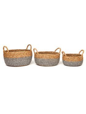 Set of 3 Dohar Handmade Grey Seagrass and Jute Round Storage Basket with Handles