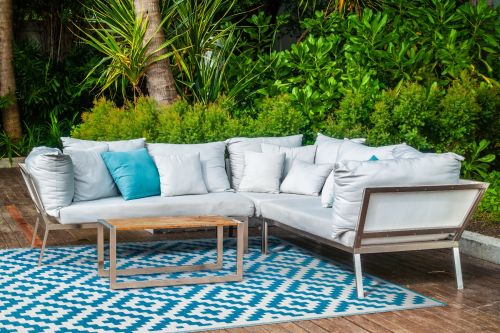 Aztec Teal and White Outdoor Rug