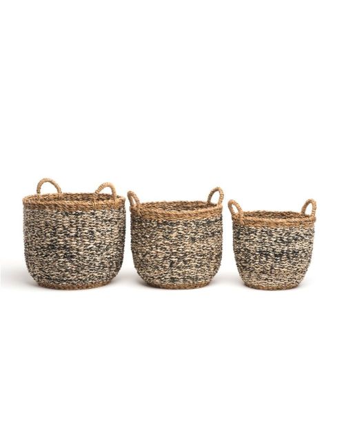 Set of 3 Ebony Handmade Grey Seagrass and Jute Storage Baskets & Planters with Handles