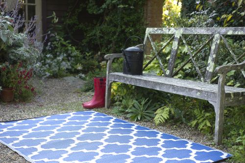 Tangier Blue and White Moroccan Trellis Recycled Plastic Outdoor Rug