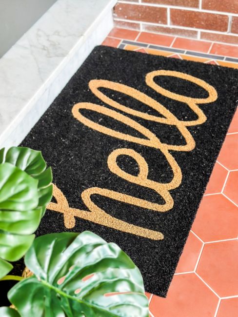 Hello Black and Natural PVC backed Coir Doormat