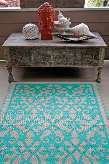 Venice Turquoise and Cream Traditional Recycled Plastic Large Rug
