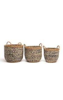 Set of 3 Ebony Handmade Grey Seagrass and Jute Storage Baskets & Planters with Handles
