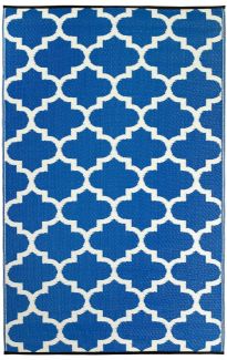 Tangier Blue and White Moroccan Trellis Recycled Plastic Outdoor Rug